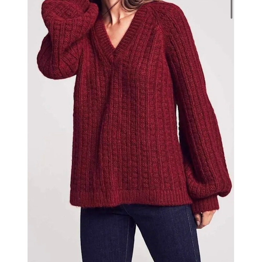 Faherty Sweater Womens XS Magenta Baby Alpaca Wool Blend Ribbed V Neck